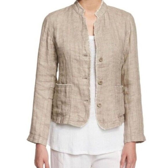 EILEEN FISHER Frayed 100% Organic Linen Jacket Top Sz Large Petite $198 Cropped